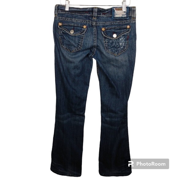 Mek Denim Jeans Womens 29X34 Canberra Low Rise Bootcut Flap Pockets Distressed - Picture 3 of 10